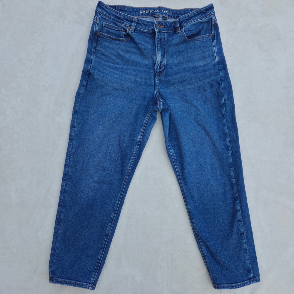 American Eagle Women Mom Jean 14 Regular Blue Stretch High Rise Denim